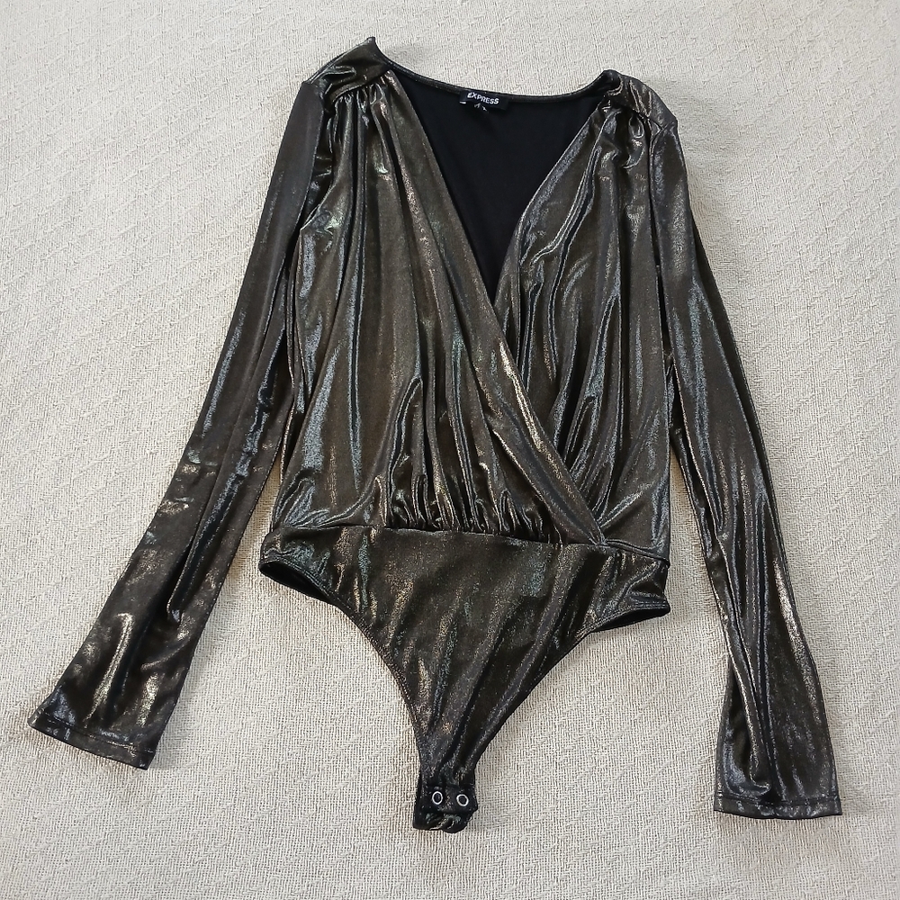 express ♡ wrap metallic shimmer bronze bodysuit liquid metal retro party small